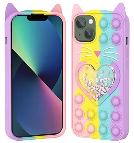 Asgens Fidget Pop Case for iPhone 14 Pro, Cute Cartoon Lucky Cat Quicksand Bling Stars Push Bubbles Shockproof Silicone Soft Phone Case for Apple iPhone 14 Pro 6.1 inch