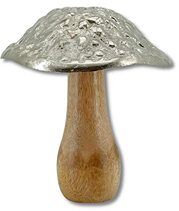 Mango-Holz und Metall Figur Pilz braun Silber 12 x 15cm Dekofigur Wald-Deko Tisch Dekoration