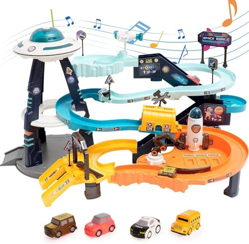 Sobebear Kids Electric Mars Base Orbit Cars Track Toy 3 Story Space Station with Light & Sound for Kids 3+