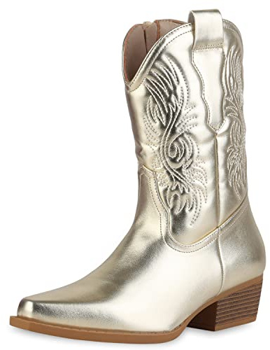 VAN HILL Damen Cowboy Boots Stiefeletten Stickereien Schuhe Holzoptikabsatz Freizeit Stiefel Spitze Western Booties 211816 Gold 39