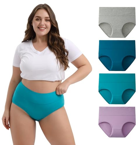 INNERSY Bragas Mujer Algodon Tallas Grandes Culotte Braguita Cintura Alta Ropa Interior 4 Pack (52-54, Multicolor Brillante)