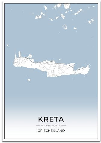 Vacentures Kreta Karten Poster - Premium Wandbild ohne Bilderrahmen I Moderne Wanddeko für Wohnzimmer oder Schlafzimmer I Hochwertiger Druck (Blau, 21x30 CM)