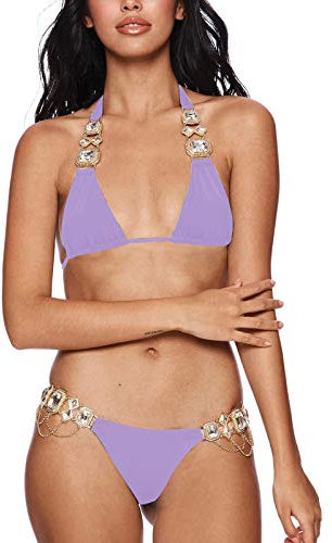Bikini Strap multicolore decorato con pietre preziose - accattivante costume da bagno in cristallo taglie forti bikini con pantaloncini da donna, Lilla, L