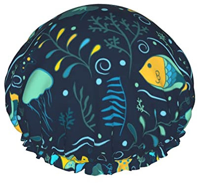 Beautiful Fish And Jellyfish Shower Cap For Women, Layers Bathing Shower Reusable Elastic Band Stretch Hem Hair Hat