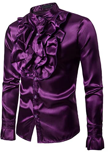 Men Satin Ruffle Shirts Long Sleeve Silk Like Satin Stand Collar Solid Color Slim Fit Casual Shirt