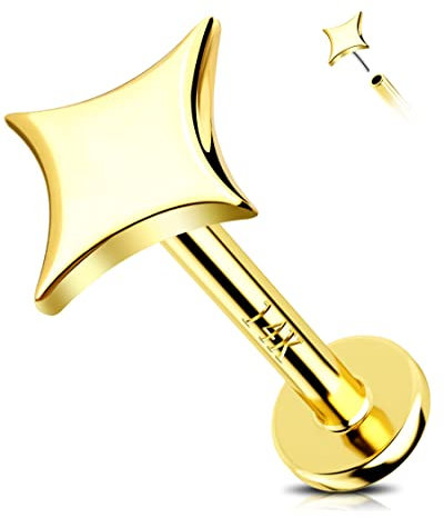 Jewseen Pendientes de tuerca de oro macizo de 14 quilates sin rosca, aretes de estrella para cartílago, aretes de hélice de 16 G, aretes de labret para nariz, tragus, piercing de hélice, joyería para