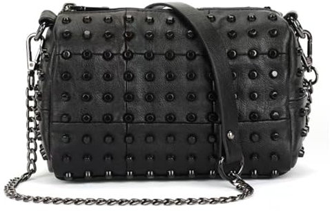 FiveloveTwo Damen Nieten Umhängetasche Geldbeutel Kette Satchel PU Leder Reißverschluss Schultertaschen Schwarz