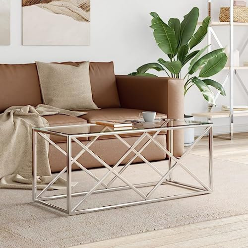 INLIFE Mesa de centro 110 x 45 x 45 cm, acero inoxidable y cristal, 13,11 kg, 349961