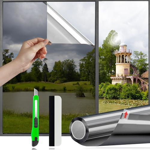 HOMTOL Film Fenêtre Anti Regard sans Tain Anti Chaleur UV Film Miroir Opaque Fenêtre Protection de la Vie Privée pour Maison Bureau Argent Noir 50x400cm