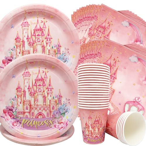 Doyomtoy Vajilla Fiesta de Princesas,72 Piezas Vajilla Castillo de Princesas Rosa,Fiesta de Cumpleaños de Niñas Rosa,Platos de Papel para Cumpleaños de Princesas,Vasos,Servilletas (24 Invitados)