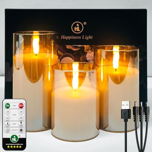 HL LED Kerzen Flammenlose im Glas, Wiederaufladbare mit Fernbedienung Timer Flackernde Kerzen, für Hochzeit Festival Weihnachten Home Decor, Set aus 3 Wachs Säulenkerzen, Gold