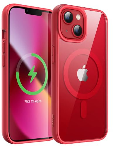JETech Magnetisch Hülle für iPhone 13 Mini 5,4 Zoll Kompatibel mit MagSafe, Stoßfeste Stoßstange Handyhülle, Solid Farbe Matte TPU Rahmen, Anti-Kratzer Transparent Rückseite (Rot)
