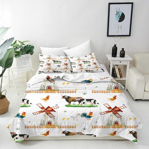 ANHOPE Bauernhof Bettwäsche Set 2 Teilig Windmühle Kuh Hen Hahn Bettbezug 135x200 cm + Kissenbezug 80x80 cm Weich Microfaser Bettbezüge mit Reißverschluss Ganzjahres Bettdeckenbezug Set