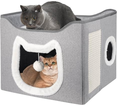 Katzenhaus, Katzenbetten für Indoor-Katzen, Faltbares großes Katzenbett mit Kratzunterlage und Höhle, halbgeschlossenes Katzenbett Iglu für mehrere Haustiere Kätzchen und kleine Hunde, Grau