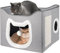 UNKJIN Cat House, Cat Beds for Indoor Cats, Foldable Cat Cave with Fluffy Ball and Scratching Pad, Cat House Indoor for Multi Small Pets, Grey