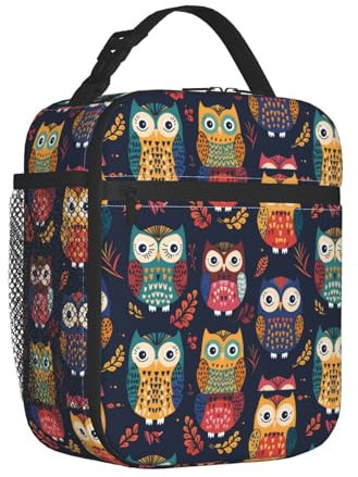 Mexpekil Bolsa de almuerzo aislada con diseño de búho para mujeres y hombres, lonchera térmica portátil con bolsillo lateral de malla, lonchera para adultos para el trabajo