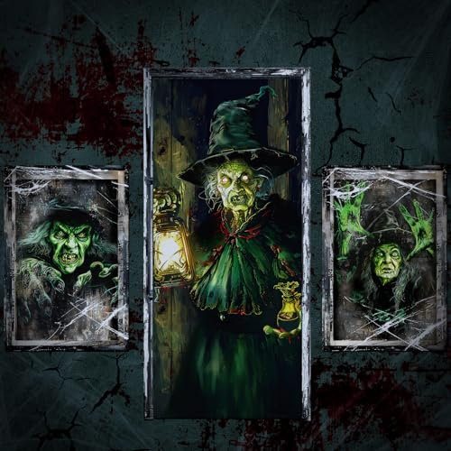 Fanfanwin Halloween-Fenster-Türabdeckungs-Set, gruselige Halloween-Vorhang- und Türabdeckung, gruselige Silhouetten-Requisiten, Poster für Hausdekoration (Hexe)