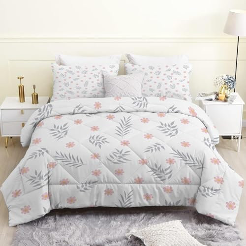 Linfye Couette 140x200 Enfant, Plante Blanche Couette Imprimée Duvet 1 Personne Couette Legere Chaude 4 Saisons, Roses Fleurs Douce Réversible Edredon et 2 Taie d'oreiller 65x65 cm