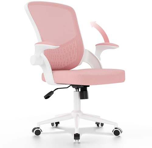 naspaluro Ergonomischer Bürostuhl, Schreibtischstuhl mit klappbaren Armlehnen, höhenverstellbar, Neigefunktion, atmungsaktive Rückenlehne, Drehstuhl 360°, weiß-rosa