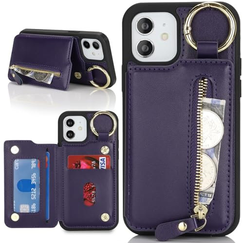 Zouzt for iPhone 11 6.1 Inch Wallet Case with Card Holder for Men Women, PU Leather Kickstand Credit Slots Case, Key Ring Zipper Shockproof Protective Phone Cover - Purple