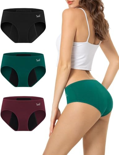 TANSTC Overnight Menstrual Underwear Women Heavy Flow Leakproof Cotton Hipster Briefs 3 Pack Dark Color L