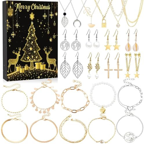 Schmuck Adventskalender 2024 24 Tage Gold & Silber Schmuck Adventskalender umfassen Ohrhörer, Halsketten und mehr Weihnachts -Countdown -Adventskalender, Geschenke für Frauen & Mädchen -Adventskalend