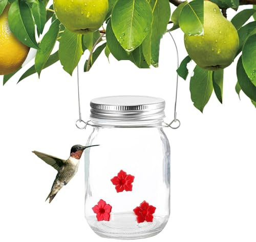 Outdoor Bird Feeder - Mason Jar with Flower Openings | Top Fillable Bird Feeder, Easy Cleaning, Large Mouth Hanging Feeder for Hummingbirds Outdoors Garden Decor
