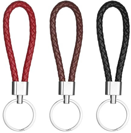 Lnngub 3 Pcs Handwoven Leather Braided Keychain With Woven Strap and Rope - Key Ring for Car Keys for Men and Women (Black, Red, Brown)