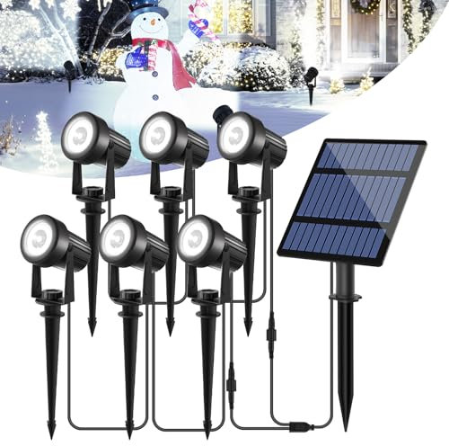 T-SUNUS Foco solar para jardín al aire libre 6 en 1, focos de paisaje blanco IP65 impermeable, panel separado de 5 W, focos de atardecer a amanecer 6000 K para árbol, patio, entrada, camino, piscina,