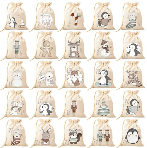 DIY Advent Calendar to Fill Yourself, 25 Iron-On Transfers with Bags, Various Winter Motifs and Numbers