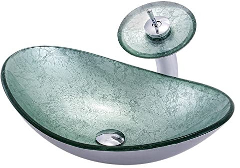 SGKOMN Lavandino da appoggio per Bagno Lavandino da appoggio in Vetro temperato Verde Chiaro Lavandino da appoggio Ovale per Bagno Lavandino Artistico con Rubinetto a Cascata in otton