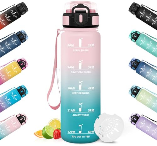 HoneyHolly Gourde Sport, Conception Étanche Gourde 500ml, Avec échelle de Temps, Bouteille, Réutilisable, Légère, Gourde Graduée pour La Course à Pied, Le Vélo, Le Travail, L'école