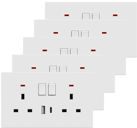 BSEED Double Socket with USB C 5 Pack, Electrical Double Switched Power Plug Wall Socket with LED Indicator, PC Wall Plate Outlet, White, 13A