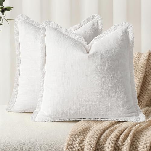 2er Set neutralen Baumwolle Quasten Kissenbezug,Kissenbezug Boho,Kissenbezug 45x45 Weiß,Dekorative Leinen-Kissenbezüge,Boho-Stil mit Fransen,für Couch Sofa Schlafzimmer Wohnzimmer Heimdekoration