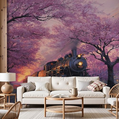 Dyjuaa Dampflok Fototapete 150x105 cm Romantisch Kirschblüten Tapete Japanische Stil Fototapeten Vlies Tapeten Vliestapete Wandtapete Wandbild Wand Schlafzimmer Wohnzimmer Ornament