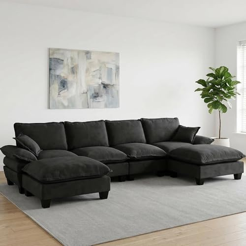 Bladez Modulares U-förmiges Ecksofa，Modernes 4-Sitzer Chenille Cloud Sofa mit Ottomanen, Wohnlandschaft ，Cloud Polstersofa Couchs kombinierbar für Wohnzimmer, （Schwarz，4-Sitzer+2）