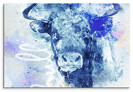 Paul Sinus Art Bild Leinwand 120x80cm Stier mit Torso in Blautönen mit Kalligraphie