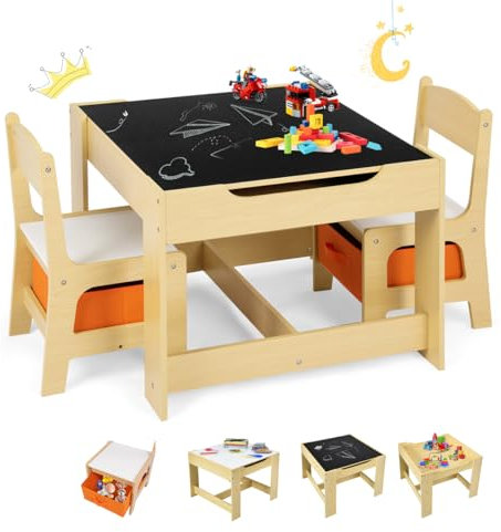 GOPLUS Table Enfant avec 2 Chaises, 3-en-1 Petite Table de Dessin, Table Réversible à Double Face avec Tableau Noir, 2 Boîtes de Rangement, Table Polyvalente Enfant pour Manger, Etudier et Jouer
