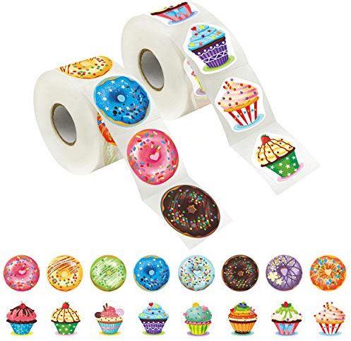 600 Cupcake/Donut-Aufkleber; Dekorieren, Belohnen, Motivieren auf Partys, in der Schule; Riesenpackung mit 16 Designs; mit Perforationslinie; jeweils 3,8 cm im Durchmesser