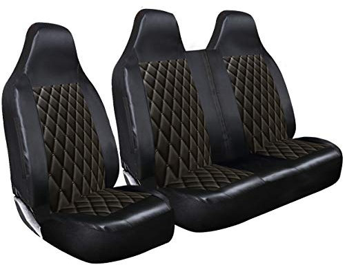 Rhinos-Autostyling für Renault Trafic Sport, alle Modelle – Premium-Sitzbezüge für Fahrer- und Doppel-Beifahrersitzbezüge – 2 + 1 – Schwarz gestepptes Rautenleder