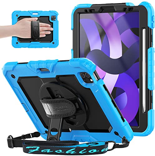 SEYMAC Hülle für iPad Air 5. / 4. Generarion 2022/2020 10,9 Zoll, Hülle für iPad Air 5, Stoßfeste für iPad Air 2022 Hülle mit Displayschutzfolie, Drehen Handschlaufe/Ständer, Stifthalter, Hellblau