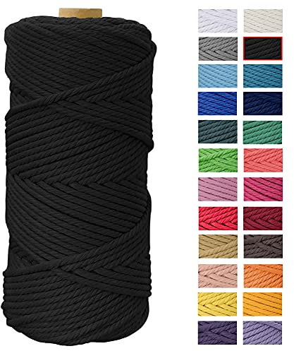 JeogYong Corde Macramé 4mm x 100m Fils Macrame Coton Ficelle Naturelle Cordon Bricolage Cordelettes pour Tentures Murales, Tissage Attrapeur de Rêves, Suspension Plante Décorations (Noir)