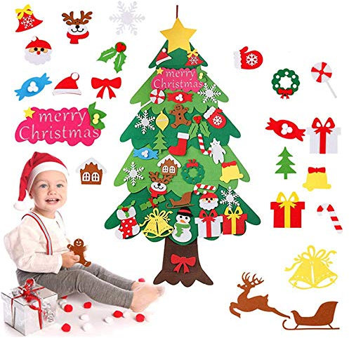 Zueyen Albero di Natale in Feltro, Albero di Natale in Feltro Fai-da-Te per Bambini Piccoli con Ornamenti Staccabili 34 Pezzi Alberi di Natale da 115 cm per Regali di Natale