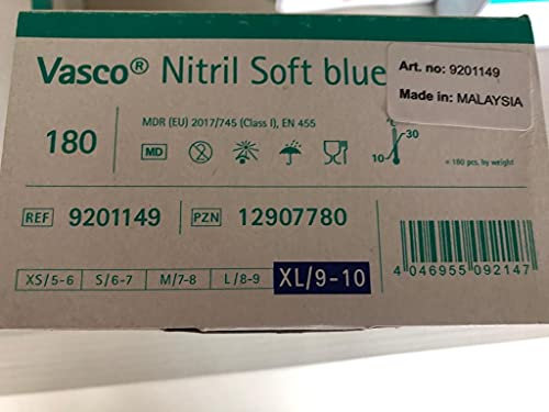 B.Braun Vasco Nitril Soft blue | Einmalhandschuhe | Einweghandschuhe | Nitril Einweghandschuhe | puderfrei, latexfrei | 200 Stück/Box | Blaue Nitrilhandschuhe, in Gr. S, M, L, XL (180, XL)
