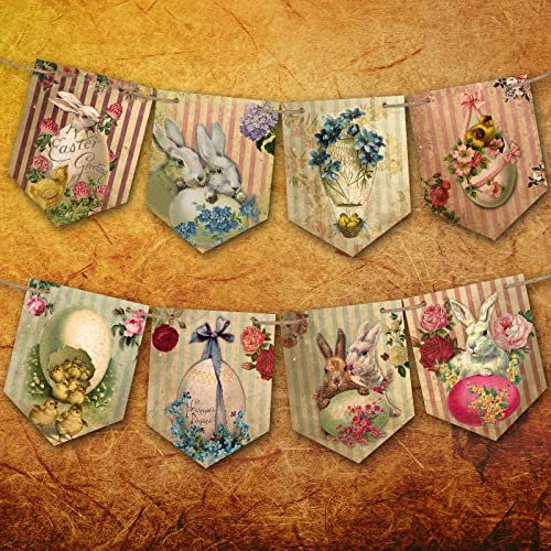 Decorazioni pasquali vintage bandiera pasquale, stamina pasquale, regalo di Pasqua per bambini con simpatico coniglietto e motivo uovo, decorazioni pasquali a casa, ghirlanda pasquale per camino