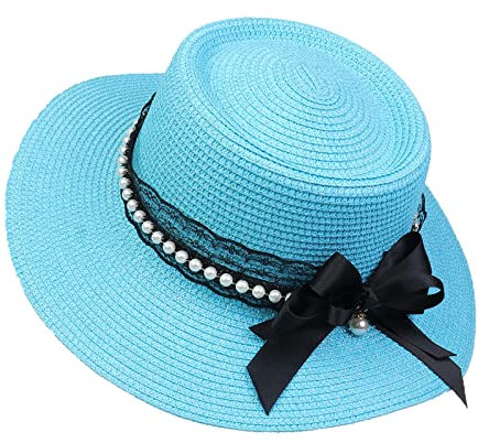 JK Home Damen Strohhut mit großer Schleife, breite Krempe, konkav, Sommer, Sonne, Strand, LSF 50, faltbar, seeblau, One size