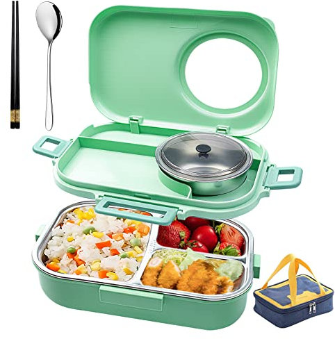 LANSKYWARE 3 Compartments Bento Lunch box with Soup Bowl, Insulated Lunch Bag and Portable Utensils, Stainless Steel Camera Lunch Containers，Leak Proof Bento Box for Kids Adults Men Women…