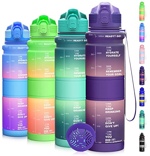 Coolfel Gourde 500ml/1l, Bouteille d'eau Motivation avec Marquage de Temps sans BPA Plastique, Étanches Reutilisable Gourde Sport avec Filtre pour Enfant, Course, Running, L'école, Randonnée
