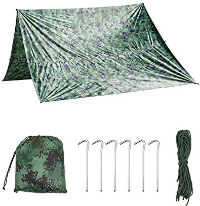 QWORK® Bache Camouflage Anti-Pluie, Tarp Toile de Tente Imperméable pour Camping/Randonnée/Pique-Nique/Activités Extérieures (3 x 3 m)