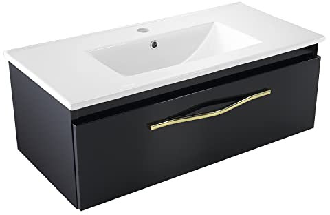 paplinskimoebel MERIDA Waschtisch mit unterschrank, Waschbeckenunterschrank hängend 80cm breit, Keramik-Waschbecken, Badmöbel mit wasserfestem PVC-Furnier, Goldfarbener Metallgriff, Stilglanz, Schwarz